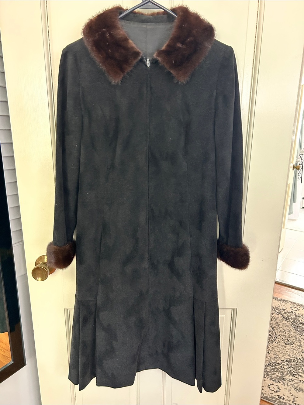 Vintage Mink Trimmed Zip Front Dress, Back Kick Pleats